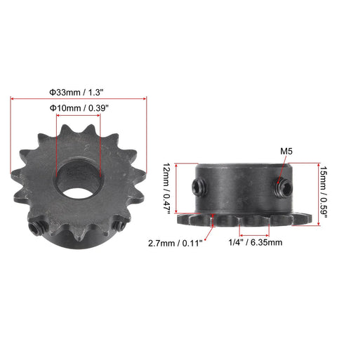 15 Tooth Roller Sprocket B Type for No 25 Chain, One Quarter Inch Pitch, Ten Millimeter Bore, Black Oxide C45 Carbon Steel With Set Screws
