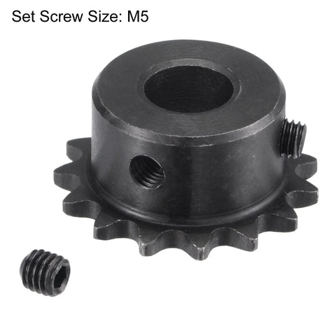 15 Tooth Roller Sprocket B Type for No 25 Chain, One Quarter Inch Pitch, Ten Millimeter Bore, Black Oxide C45 Carbon Steel With Set Screws