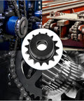 Two 15 Tooth Roller Sprockets For Quarter Inch Pitch Chain ISO 04C B Type With 10mm Bore, black oxide steel, in industrial setting.