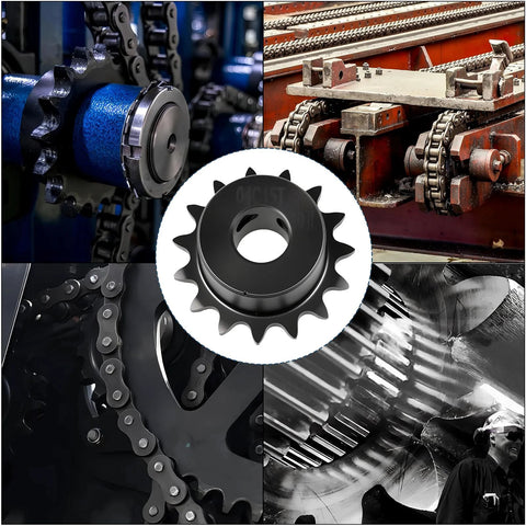 Two 15 Tooth Roller Sprockets For Quarter Inch Pitch Chain ISO 04C B Type With 10mm Bore, black oxide steel, in industrial setting.