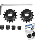 Two 15 Tooth Roller Sprockets for Quarter Inch Pitch Chain ISO 04C B Type with 10mm Bore Black Oxide C45 Carbon Steel with accessories