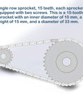 Diagram of two 15 tooth roller sprockets for quarter inch pitch chain ISO 04C B Type with 10mm bore in chain setup.