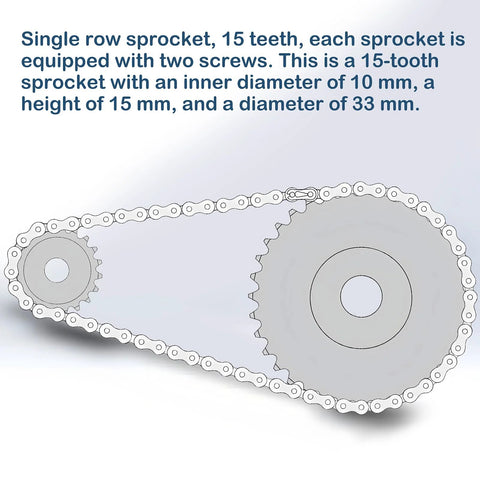 Diagram of two 15 tooth roller sprockets for quarter inch pitch chain ISO 04C B Type with 10mm bore in chain setup.