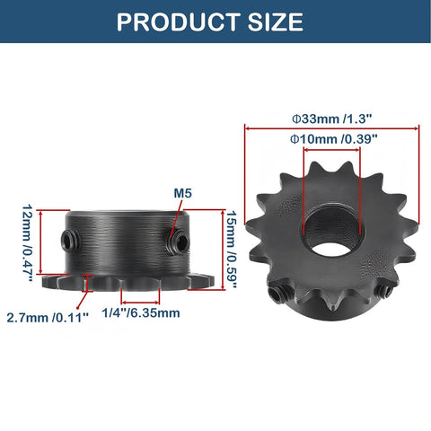 Dimensions of Two 15 Tooth Roller Sprockets For Quarter Inch Pitch Chain ISO 04C B Type With 10mm Bore Black Oxide C45 Carbon Steel