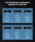 All In One 150 Piece Metric Grease Fittings Kit With M6 M10 Straight And 45 Degree And 90 Degree Angled Hydraulic Zerk Assortment