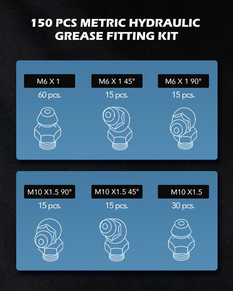 All In One 150 Piece Metric Grease Fittings Kit With M6 M10 Straight And 45 Degree And 90 Degree Angled Hydraulic Zerk Assortment