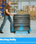 Person using 1500 lb adjustable furniture dolly with heavy duty iron frame and lockable caster wheels in warehouse
