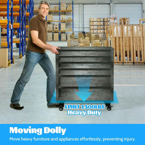 Person using 1500 lb adjustable furniture dolly with heavy duty iron frame and lockable caster wheels in warehouse