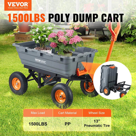 1500 lb Poly Garden Dump Cart Wagon with 2 in 1 Convertible Handle, Heavy Duty Wheelbarrow with 13 Inch All Terrain Wheels on lawn
