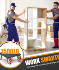 Two workers using ✝️ Heavy Duty 1500LBS Furniture Dolly & Movers with 5X 360° Wheels to move a shelf in a room, carbon steel panel visible