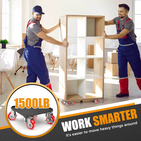 Two workers using ✝️ Heavy Duty 1500LBS Furniture Dolly & Movers with 5X 360° Wheels to move a shelf in a room, carbon steel panel visible