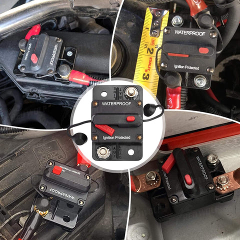 Multiple views of Beefy 150 Amp Marine Circuit Breaker Fuse Holder With Manual Reset Waterproof 12V To 48V DC installed in vehicles