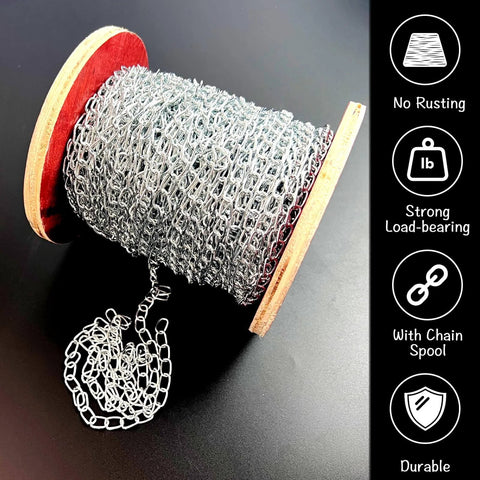 ✝️ 150ft Jack Chain, Galvanized Steel Link Chain with Spool Strong Heavy Coil Chain Hanging Chain Metal Light Fixture Chain