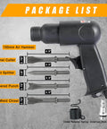Package list showing 150mm Air Hammer Kit With 4 Chisels And Quick Change Retainer Built Tough Heavy Duty Pneumatic Shovel Tool