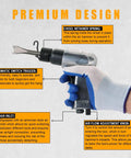 Hand holding powerful 150mm air hammer kit with 4 chisels and quick change retainer, 4500 BPM, labeled parts description.