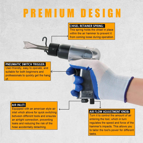 Hand holding powerful 150mm air hammer kit with 4 chisels and quick change retainer, 4500 BPM, labeled parts description.