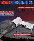 Beefy 150mm Air Hammer Kit With 4500 BPM Short Barrel Pneumatic Hammer on rock surface featuring chisel retainer and controls.