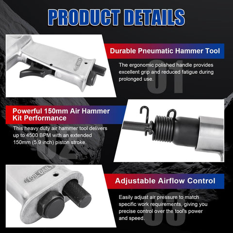 Close-up of Beefy 150mm Air Hammer Kit With 4500 BPM Short Barrel Pneumatic Hammer, Quick Change Retainer, features highlighted