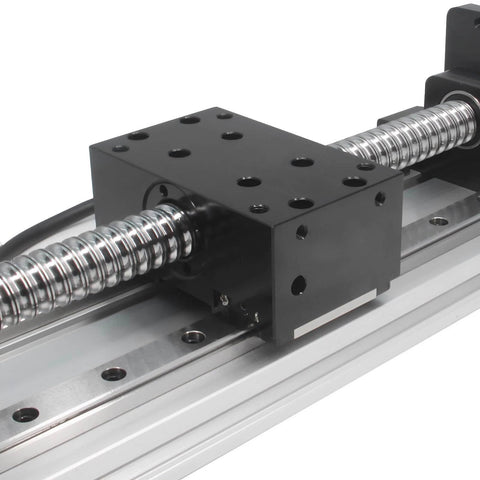 150mm Effective Travel Length Double Linear Rail Guide Ballscrew SFU1605 with NEMA23 Stepper Motor for DIY CNC Router Parts X Y Z Linear Stage Actuator and 3D Printe close-up view showing ballscrew and linear guide.