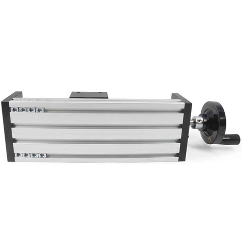 Front view of 150mm Effective Travel Dual Optical Axis Manual Sliding Table with SFU1605 Ball Screw and handwheel, metal construction.