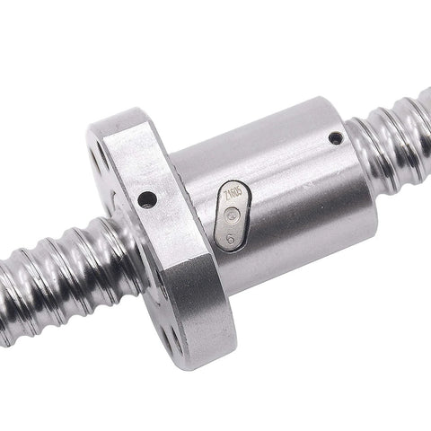 Close-up of 150mm SFU1605 Ball Screw Set RM1605 with metal nut, CNC machine component, precision linear motion system, diameter 16mm, lead 5mm.