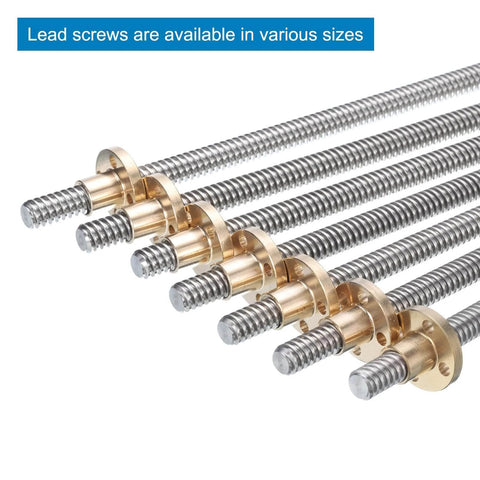Lead screws of various sizes with brass nuts, focusing on 2 pcs 150mm / 6 inch tr8x4 stainless steel lead screw with t8 brass nut for 3D printer CNC use