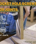 Using Pocket Hole Screws 1-1/4 Inch for wood joint with drill, focusing on 90° and flat joints, visible close-up of the drilling process.