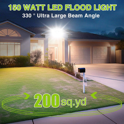 Ultra Bright 150W LED Outdoor Flood Light With 15000 Lumens, 6000K Daylight White illuminating a residential driveway at night.