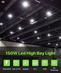 UFO LED High Bay Light 6 Pack 150W 22,500 Lumen IP65 Waterproof Warehouse Lighting Installed in Large Industrial Space