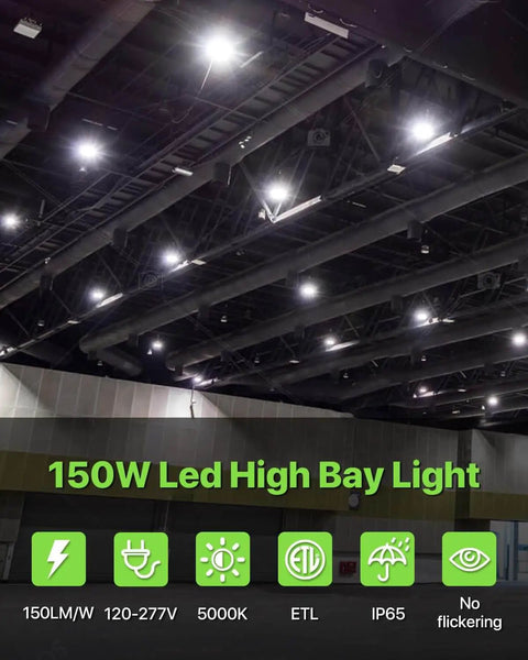 UFO LED High Bay Light 6 Pack 150W 22,500 Lumen IP65 Waterproof Warehouse Lighting Installed in Large Industrial Space