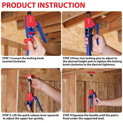 Instructions for adjusting Cabinet Jack Support Pole, 54-114 Inches Steel Telescopic Quick Support Rod Adjustable 3rd Hand Support System.