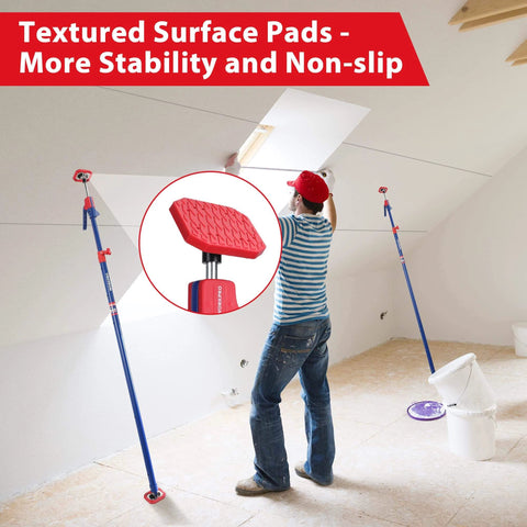 Cabinet Jack Support Pole in use, 54-114 Inches steel telescopic rod, non-slip pads for drywall installation, showing 154 lbs capacity