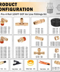 156 Piece Brass DOT Air Line Fittings Kit With Four 100ft Rolls Of Air Lines product configuration chart