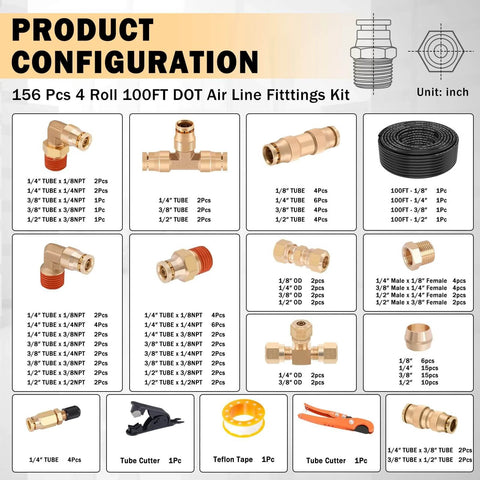 156 Piece Brass DOT Air Line Fittings Kit With Four 100ft Rolls Of Air Lines product configuration chart