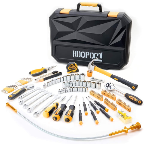 159 Piece Tool Set With Storage Case For Mechanic And Car Repair Home Auto Fixes And General DIY Projects displayed in front of black case
