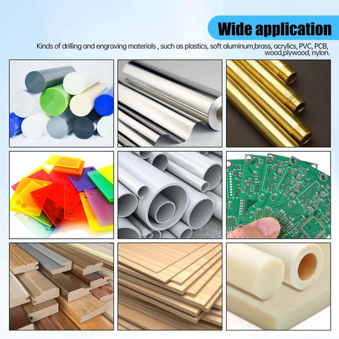 Various materials for CNC routers, including plastics, metal tubes, and wood, demonstrating the 1.5KW 220V Air Cooled Spindle Motor ER11 24000RPM usage.