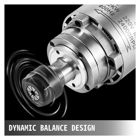 Close-up of powerful 1.5KW air cooled spindle motor with four bearings and ER11 ER20 collets for CNC router engaver frequency converters