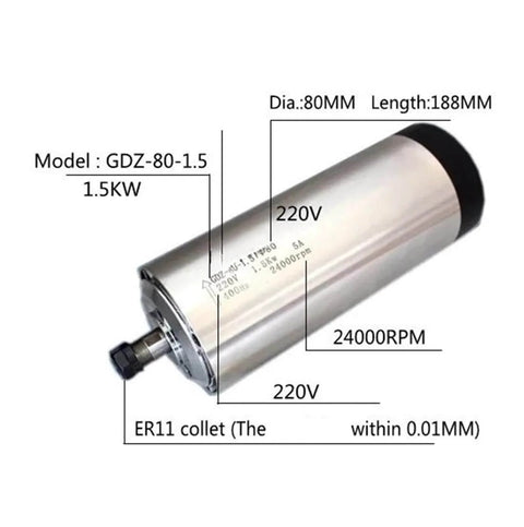 1.5KW Air Cooled CNC Spindle Motor 220V with ER11 ER16 collets, model GDZ-80-1.5, 80mm diameter, for milling and CNC machining