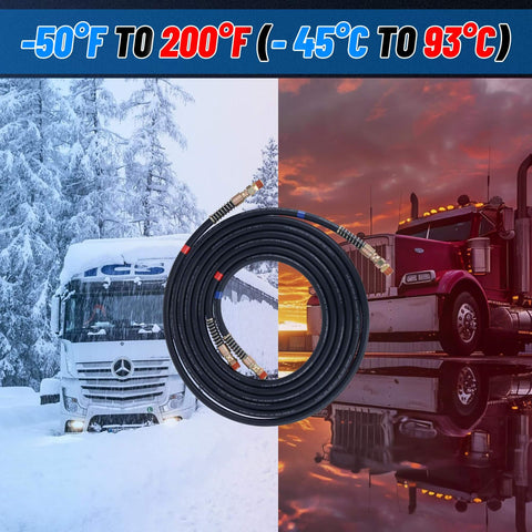 Fifteen Foot Air Line Hose Assembly With One Half Inch NPT Swivel Fittings Heavy Duty Power Hose Set in front of trucks
