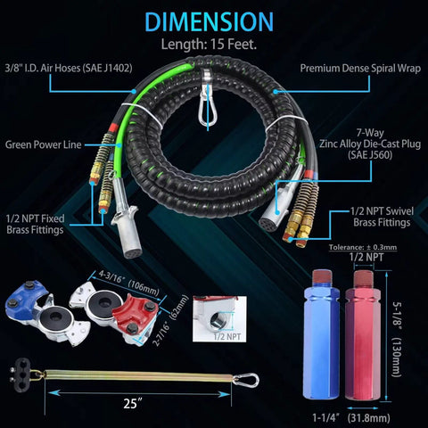 Three In One Air Hose Kit For Semi Trucks Fifteen Foot Long With ABS Power Airlines Hose Wrap Ready To Install For Tractor Trailers Includes Two Glad Hands One Grip One Spring Twelve Seals And A Seven Way Electrical Cable Plus Teflon Tape