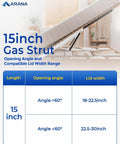 15 Inch 100 Lb Gas Struts With Brackets 2 Pack For RV Beds Hatches And Storage Lids shown in open position with specs chart