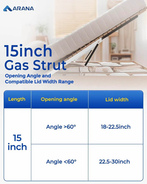 15 Inch 100 Lb Gas Struts With Brackets 2 Pack For RV Beds Hatches And Storage Lids shown in open position with specs chart