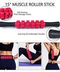 15 inch muscle roller stick with 360 rotation and anti-grip handles, part of 5 in 1 Foam Roller Set With Trigger Point Roller Massage Stick