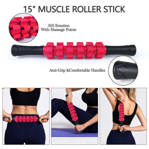 15 inch muscle roller stick with 360 rotation and anti-grip handles, part of 5 in 1 Foam Roller Set With Trigger Point Roller Massage Stick
