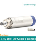 1.5kW ER11 Air Cooled Spindle Motor For CNC Machines 65mm Diameter 204mm Length Four Bearings Round Spindle 220V And 380V