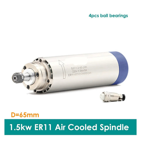 1.5kW ER11 Air Cooled Spindle Motor For CNC Machines 65mm Diameter 204mm Length Four Bearings Round Spindle 220V And 380V