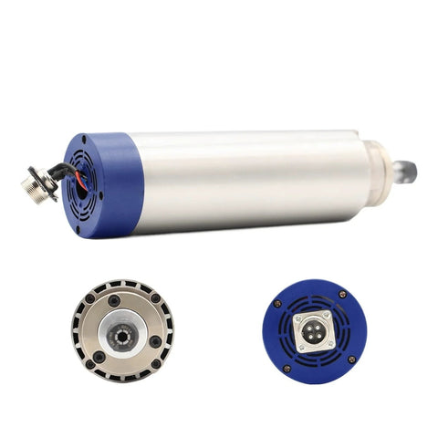 1.5kW ER11 Air Cooled Spindle Motor For CNC Machines 65mm Diameter 204mm Length Four Bearings Round Spindle, side and connector view