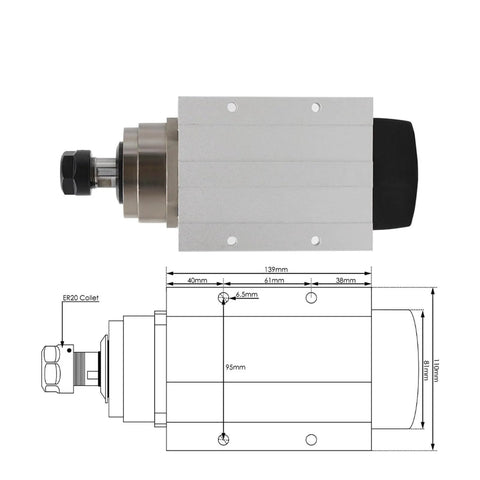 1.5kW ER20 Air Cooled Spindle Motor With Flange, Square Spindle, 4 Bearings for CNC milling, woodworking, and sign making with dimensions