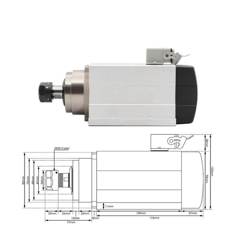 1.5kW ER20 Air Cooled Spindle Motor with Flange and Diagram, Square Spindle, 4 Bearings, 0.01mm Precision, 380V CNC Milling Spindle