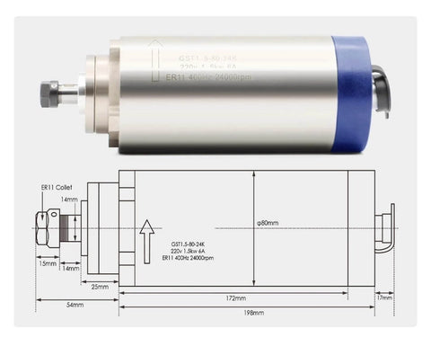 Diagram and image of Beast 1.5KW 220V ER11 CNC Spindle Motor With Air Cooling, highlighting dimensions and 80mm clamp bracket.